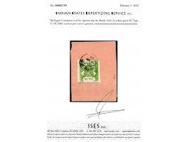 1936  4a yellow-green SG Type 'G' on part cover tied by Dak Raj Bundi dated 20 May 37 cds. Cat. Value for used stamp alone is