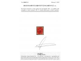 1895  1a vermillion with monogram in mauve, pin-perf. Unused without gum as issued. 2025 ISES certificate. 
To buy this item 