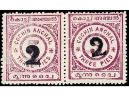 1909  3p rosy-mauve horizontal pair surcharged "2" with SG Type 7 on left stamp and with SG Type 7b on the right stamp. Catal