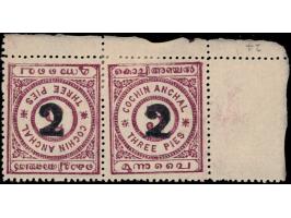 1909  3p rosy mauve surcharged '2' corner marginal pair with error, stamps tete-beche. Unused without gum as issued. 2025 ISE