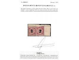 1909  3p rosy mauve surcharged '2' corner marginal pair with error, stamps tete-beche. Unused without gum as issued. 2025 ISE
