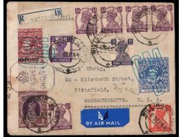 Air mail cover from Cochin to USA franked with India KGVI ½a purple strip of 4 + 1, 2a vermillion, 3a bright violet all tied 