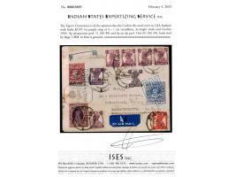 Air mail cover from Cochin to USA franked with India KGVI ½a purple strip of 4 + 1, 2a vermillion, 3a bright violet all tied 