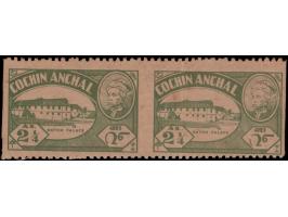 1950  2¼a green horizontal marginal pair with error, imperf vertically. Heavily toned. 2025 ISES certificate
