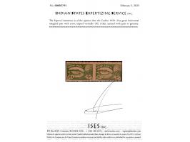 1950  2¼a green horizontal marginal pair with error, imperf vertically. Heavily toned. 2025 ISES certificate
To buy this item