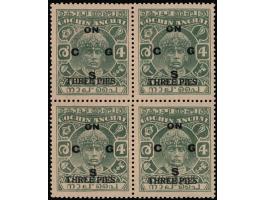 1942-43  4p green block of four, overprinted 'ON C G S' surcharged "'THREE PIES'. 2025 ISES certificate
