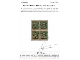 1942-43  4p green block of four, overprinted 'ON C G S' surcharged "'THREE PIES'. 2025 ISES certificate
