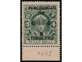 1942-43  4p green surcharged 'SURCHARGED / THREE PIES' overprinted 'ON C G S'. 2025 ISES certificate.
To buy this item please