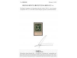 1942-43  4p green surcharged 'SURCHARGED / THREE PIES' overprinted 'ON C G S'. 2025 ISES certificate.
