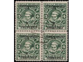 1944  4p green surcharged 'SURCHARGED / THREE PIES' overprinted 'ON C G S'. A superb block of four.
