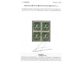 1944  4p green surcharged 'SURCHARGED / THREE PIES' overprinted 'ON C G S'. A superb block of four.
