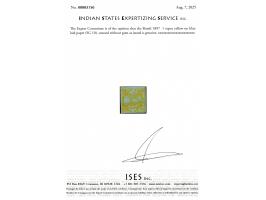 1897  1 rupee yellow on blue laid paper with a tiny pin hole, Unused without gum as issued. 2025 ISES certificate. 
