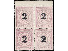 1909  3p rosy mauve corner marginal block of four surcharged '2' with error, deformed '2' in position 4. Unused without gum a