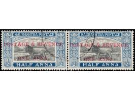 1949  ½a black &amp; deep blue horizontal pair surcharged 'POSTAGE &amp; REVENUE / ONE ANNA' with error, thick 'A' in POSTAGE