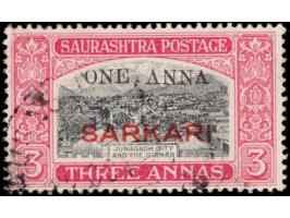 1948  3a black &amp; carmine overprinted SARKARI surcharged 'ONE ANNA' with error, small last 'A'' in ANNA. This error occurs