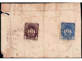 Registered cover franked on reverse with 1941-44  3p bright-blue + 2a deep brown. 
