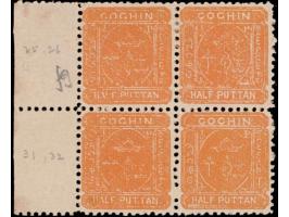 1892  ½pu orange-buff without watermark  left marginal block of four. Minor stains.
