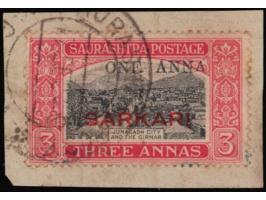 1948  1 anna on 3 annas black &amp; carmine on piece with error, small last 'A' in ANNA. This error occurs only once in a she