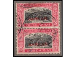1948  1 anna on 3 annas black &amp; carmine vertical pair on piece with error, inverted first 'N' in ANNA on bottom stamp. Th