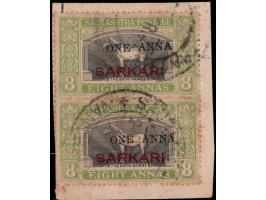 1948  1 anna on 8 annas black &amp; yellow-green vertical pair on piece with error, thick last 'A' in ANNA on top stamp. This