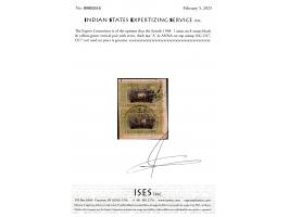 1948  1 anna on 8 annas black &amp; yellow-green vertical pair on piece with error, thick last 'A' in ANNA on top stamp. This