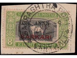 1948  1 anna on 8 annas black &amp; yellow-green used on piece with error 'ANNN" instead of ANNA. Ex. V.V. Meher. 2025 ISES c