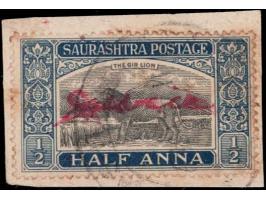 1949 ½ anna black &amp; deep blue with manuscript 'Service' in red ink. Due to a shortage of Service stamps at Gadhda and Una