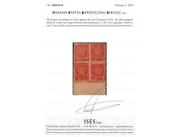 1924  10c pink marginal block of 4 with error imperf between horizontal pair x 2. Gum toned as usually found. 2025 ISES certi