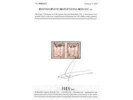 1934  1 anna brown overprinted Service with error, imperf between horizontal pair. 2025 ISES certificate.
