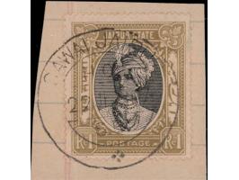 1946  1r black &amp; yellow-bistre on piece with "SAWAI JAIPUR / 22 JL 47" cds. 2025 ISES certificate.
