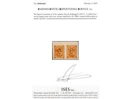 1943-47  2r yellow horizontal marginal pair with error, stamps imperforate. Unused without gum as issued. 2025 ISES certifica