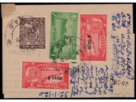 Registered cover franked with 1939 1ch perf. 12½, 3ch perf. 11 and two copies of '8 CASH' on 6ca with error 'CAS' raised givi