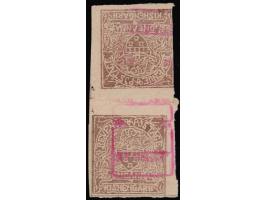 1948 Kishangarh 1a brown-lilac imperforate vertical tete-beche pair handstamped in red. Unused without gum as issued. 2025 IS