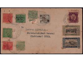 Philatelic cover bearing 1864  1a black on grey wove paper (SG 2), 1878  1a green &amp; 4a red, 1913  3p on 1a, 1914  3p gree