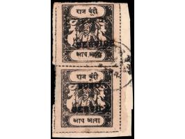 1915-41  ½a black vertical pair on piece overprinted BUNDI SERVICE in small English letters. Used Official sacred cows stamps