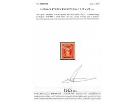 1942-44  1a brown-orange surcharged "ANCHAL / NINE PIES". 2025 ISES certificate
