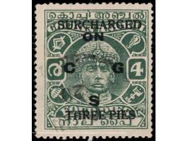 1942-43  4p green overprinted ON C G S surcharged "SURCHARGED / THREE PIES"
