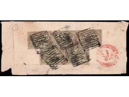 1869  1a olive-green strip of 3 + pair on registered cover tied by diagonal of bars cancel. A rare usage of the first stamp o