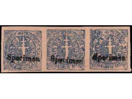 1877 1doc blue, vertical strip of 3 overprinted Specimen. Unused without gum as issued
