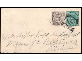 India ½a blue-green used alongside Poonch 1p black on white laid batonne paper tied by Kahuta squared circle cancel dated 21 