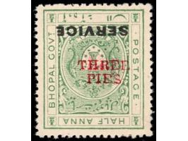 1935-36  ½a yellow-green overprinted SERVICE surcharged THREE PIES in red with error, surcharge inverted.

