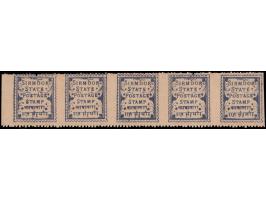 1892  1p blue horizontal strip of 5 with error, imperf vertically. Toned gum.
