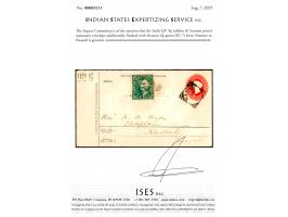 India QV 9p soldiers &amp; Seamen postal stationery envelope additionally franked with Sirmoor 6p green from Sirmoor to Kasau