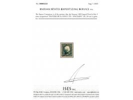 1899 Imperf Proof of the 3 anna overprinted "WATERLOW &amp; SONS LTD / SPECIMEN". 2025 ISES certificate
