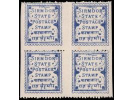 1892  1p blue block of 4 with error, imperf vertically resulting in two pairs of imperf vertically, horizontal pair
