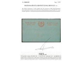 1902 Postal Stationery Service postcard in brown-red on blue card with perforations on top indicating that this was part of a