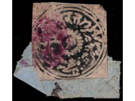 1866  ½a grey-black in watercolor on native paper cancelled by Jammu magenta seal cancel on small fragment.
