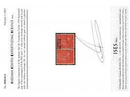 1949  horizontal pair of 8ca surcharged FOUR PIES perf. 11 with error surcharge inverted and in pair with one without surchar