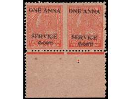1949  2ch bottom marginal pair surcharged ONE ANNA overprinted SERVICE with error, imperf between horizontal pair. Unused wit