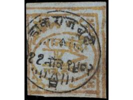1897-98  1r yellow on blue wove paper with a superb strike of "DAK RAJ BUNDI / 11 NOV 1902" cds

